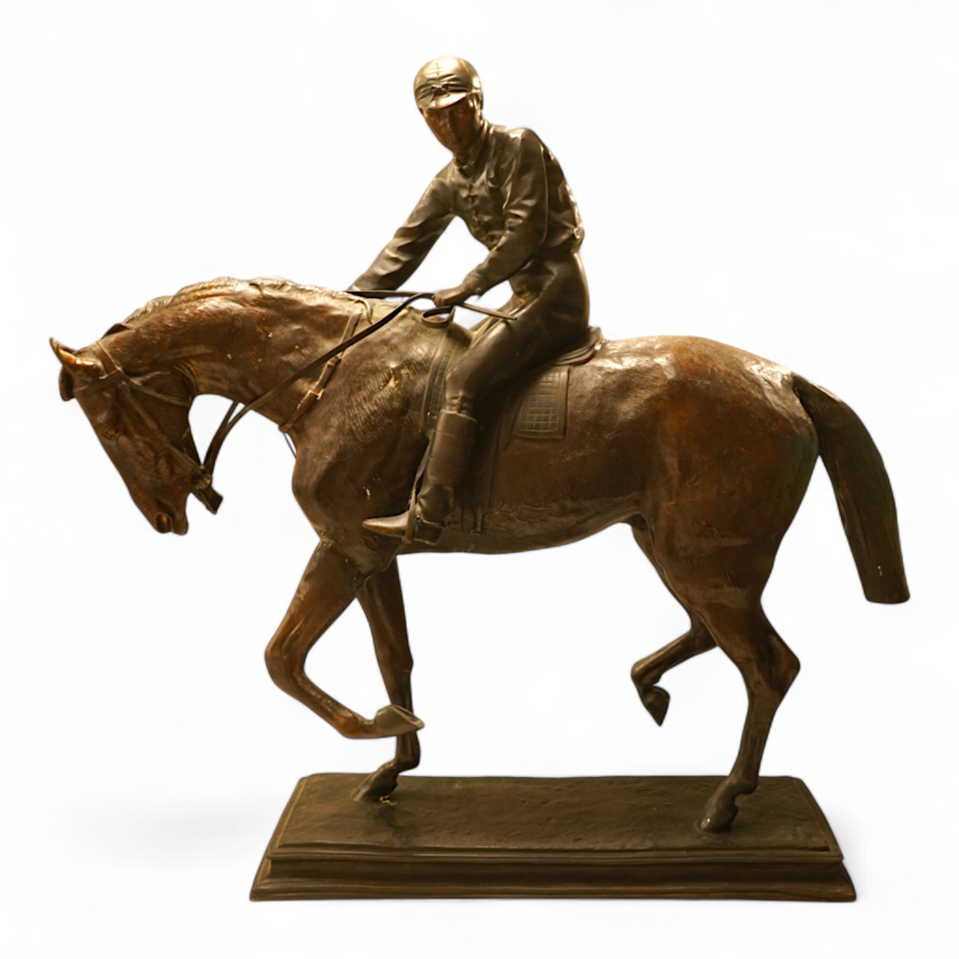 After Isidore Jules Bonheur (1827-1901), a large bronze figure of a jockey on horseback, 90cm tall